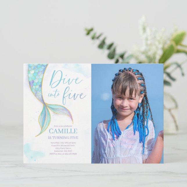 Mermaid Dive Into Five 5th Birthday Party Photo Invitation (Standing Front)