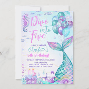 Mermaid Dive Into Five Birthday Invitation