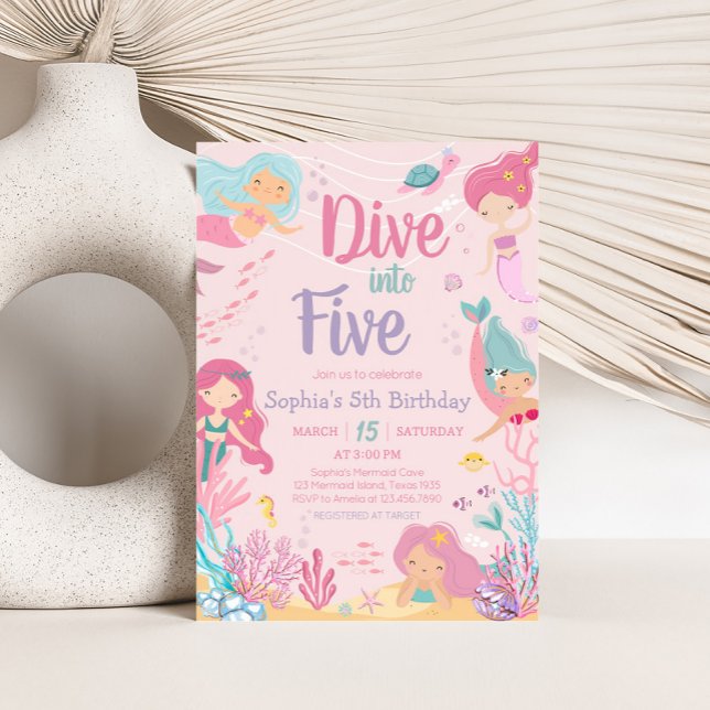 Mermaid Dive into Five Birthday Party Invitation (Dive into Five Mermaid Birthday Party Invitation)