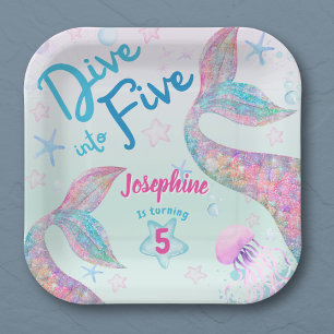 Mermaid dive into five birthday watercolor square paper plate
