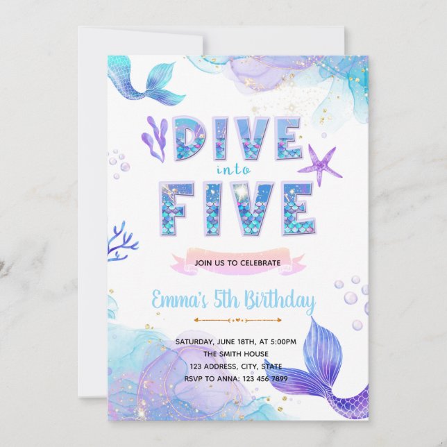 Mermaid Dive into Five mermaid pool invitation (Front)