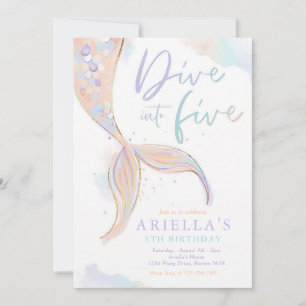 Mermaid Dive Into Five Pink Gold 5th Birthday Invitation