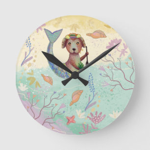 mermaid dog pattern round clock