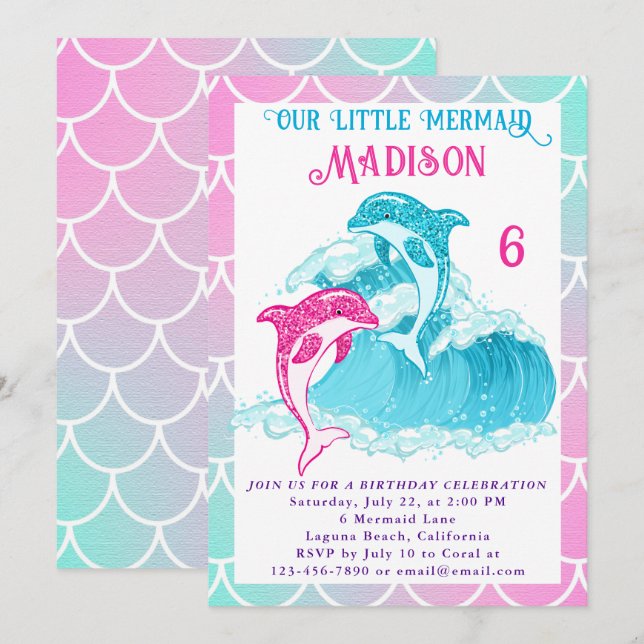 Mermaid Dolphin Blue Sea Ocean Pink Birthday Party Invitation (Front/Back)