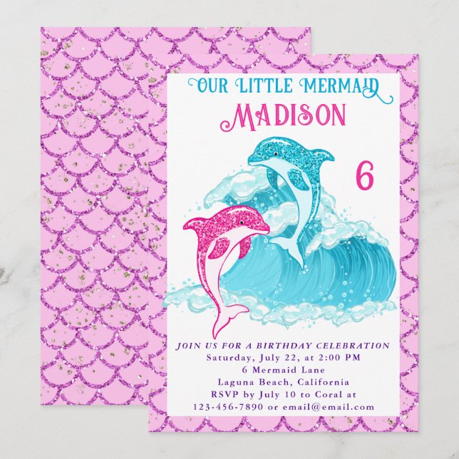 Mermaid Dolphin Blue Sea Ocean Pink Birthday Party Invitation (Front/Back)