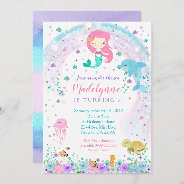 Mermaid Dolphin Under the Sea Invitation (Front/Back)