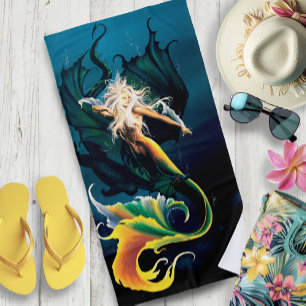 Mermaid Dragon Fantasy Blue Beach Towel