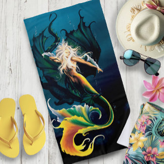 Mermaid Dragon Fantasy Blue Beach Towel