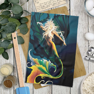 Mermaid Dragon Fantasy Blue Tea Towel