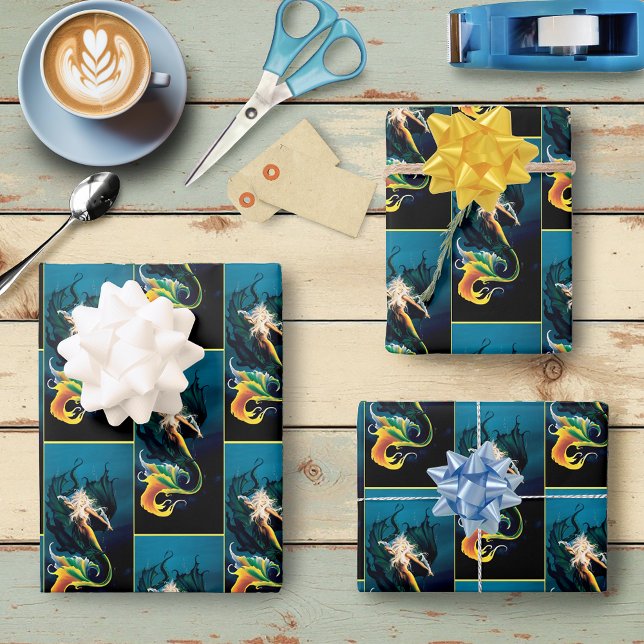 Mermaid Dragon Fantasy Blue Wrapping Paper Sheet (Creator Uploaded)