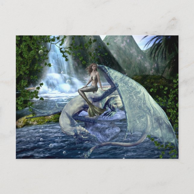 Mermaid Dragon Fantasy Waterfall Landscape Postcard (Front)