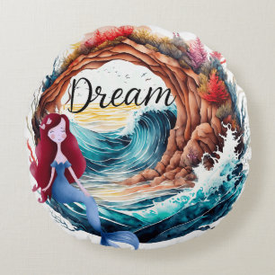 Mermaid Dreams by the Sea Round Cushion