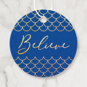 Mermaid Effect Blue Faux Gold Believe Quote Favour Tags