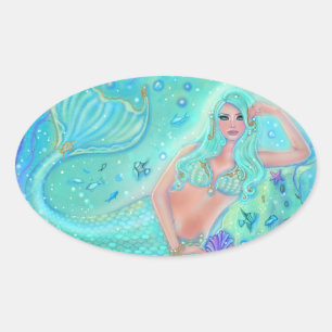 Mermaid Eira with tropical fish by Renee Lavoie Oval Sticker
