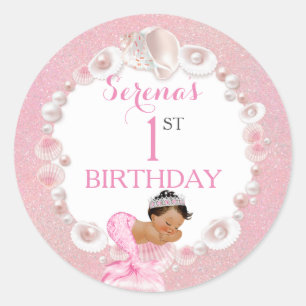 Mermaid Ethnic Baby Girl Pink Shell Pearls Classic Round Sticker
