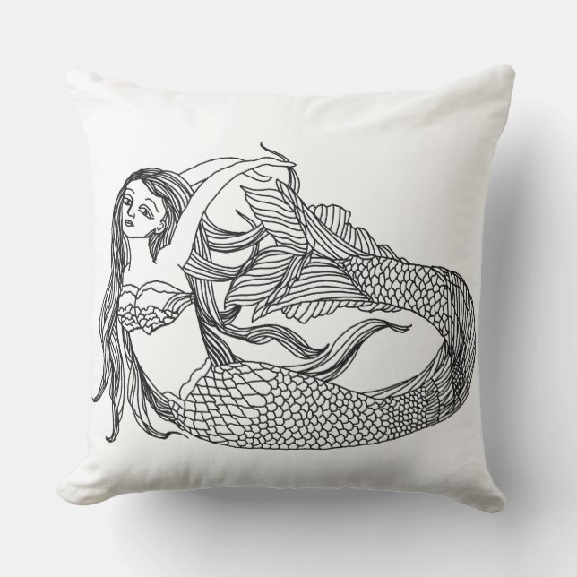 Mermaid Fantasy Art Black White Modern Decor Cushion (Front)