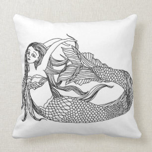 Mermaid Fantasy Art Black White Modern Decor Cushion