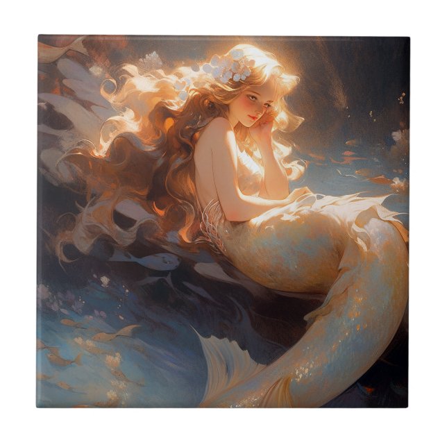 Mermaid Fantasy Art Ceramic Tile (Front)