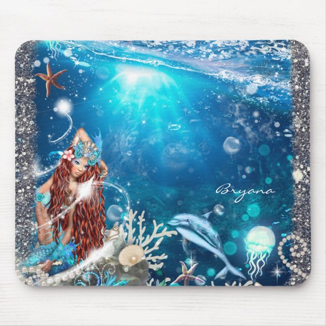 Mermaid Fantasy Red Head Enchanted Beach Mouse Pad (Front)