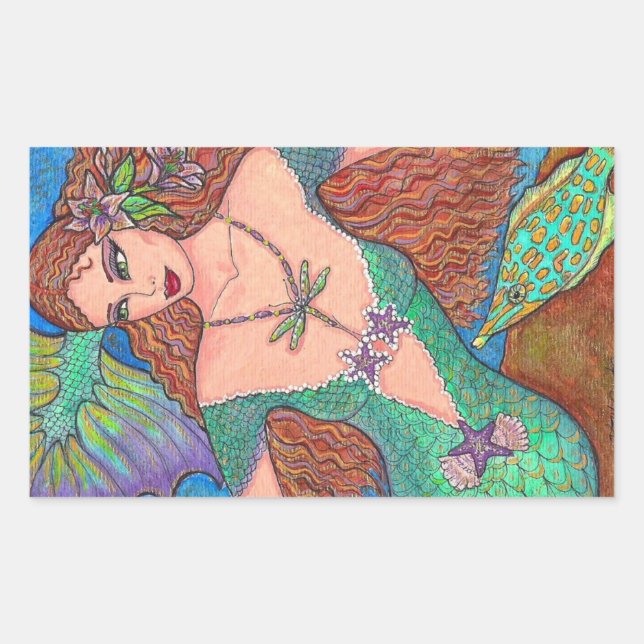 Mermaid Fantasy "The Dragonfly Necklace" Art Rectangular Sticker (Front)