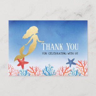 Mermaid Faux Gold Foil   Blue Baby Shower Thank You Card