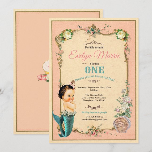 Mermaid first birthday invitaion pink 1st bday invitation (Front/Back)