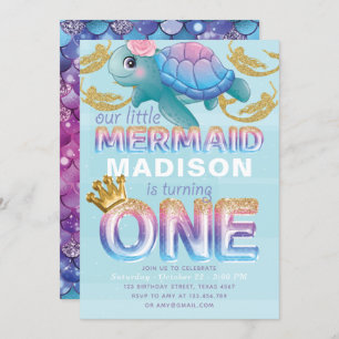 Mermaid First Birthday Pink Blue Gold Glitter Invitation