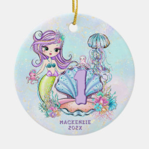 Mermaid First Birthday   Whimsical Keepsake Ceramic Ornament