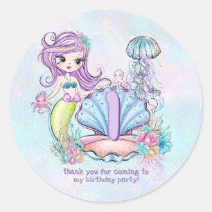 Mermaid First Birthday   Whimsical Sea Life Party Classic Round Sticker