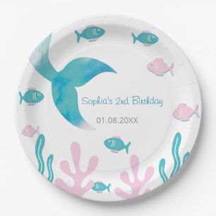 Mermaid Fish Pastel Pink Blue Birthday Paper Plate