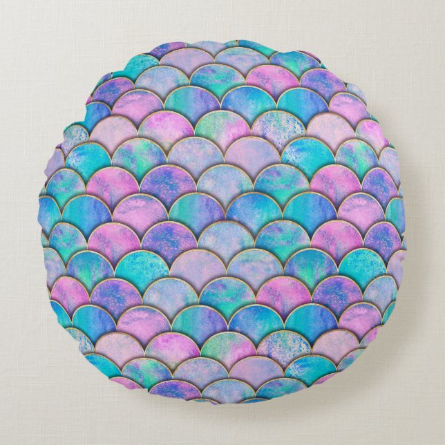 Mermaid fish scale wave japanese seamless pattern. round cushion (Front)