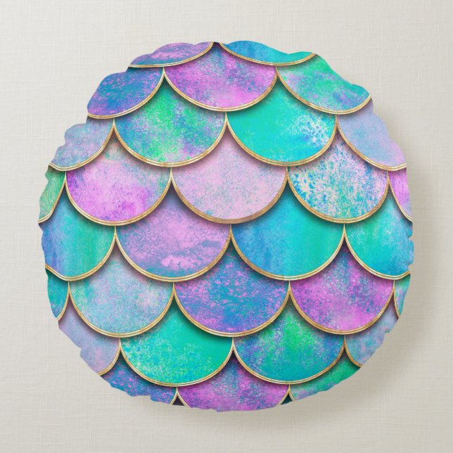 Mermaid fish scale wave japanese seamless pattern. round cushion (Front)