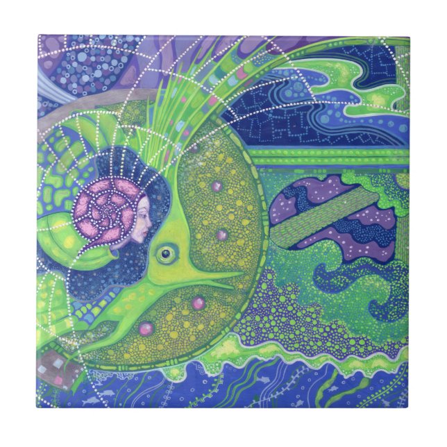 Mermaid & fish, underwater fantasy, nautical art ceramic tile (Front)