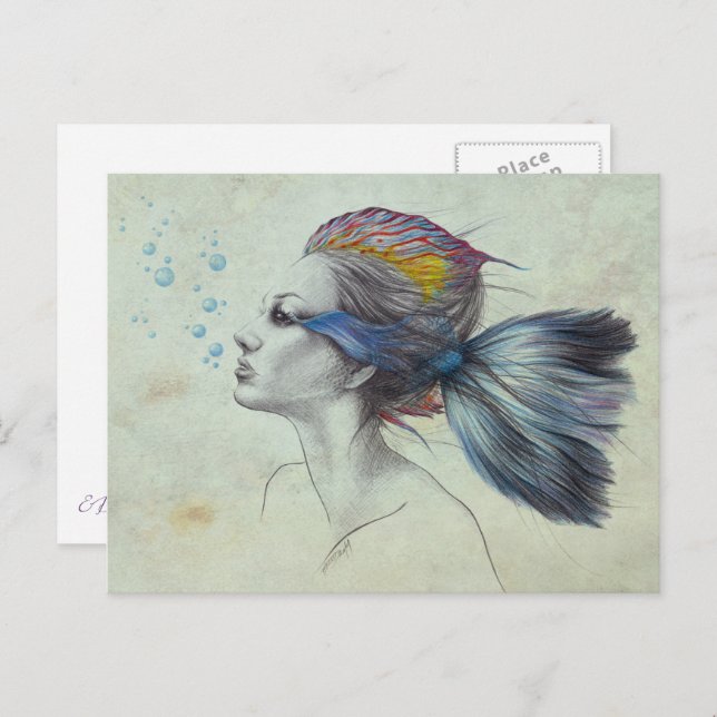 Mermaid Fish Woman Surreal Art Fantasy Drawing Postcard (Front/Back)