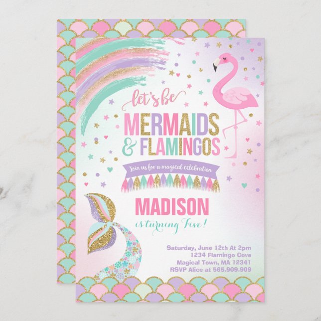 Mermaid & Flamingo Birthday Invitation Magic Party (Front/Back)