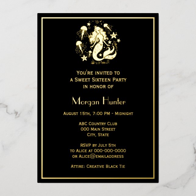 Mermaid Flowing Hair Sea Life Sweet Sixteen Foil Holiday Card (Front)