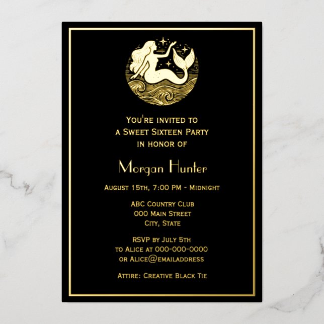 Mermaid Flowing Hair Waves Stars Sweet Sixteen Foil Holiday Card (Front)