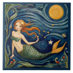 Mermaid Folk Art - Dark Blue Green Yellow Ceramic Tile