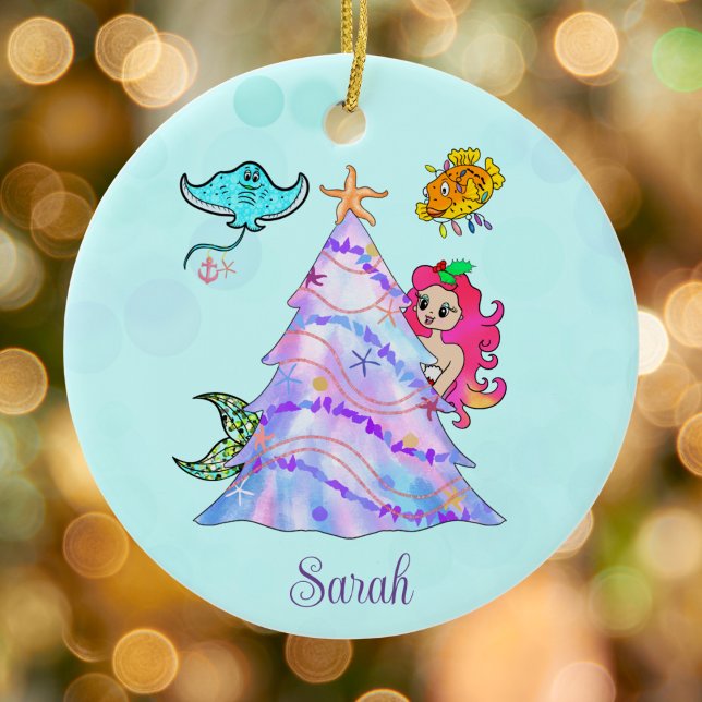 Mermaid & Friends Decorating Christmas Tree Name Ceramic Ornament (Creator Uploaded)