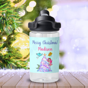 Mermaid & Friends Decorating Christmas Tree Name Water Bottle