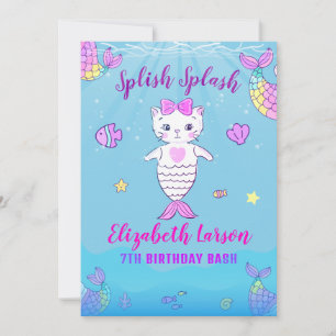 Mermaid Funny Kitty Purr maid Pool Party Birthday Invitation