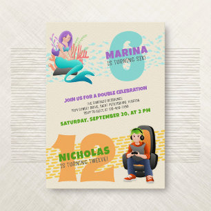 Mermaid Gamer Joint Double Birthday Invitation