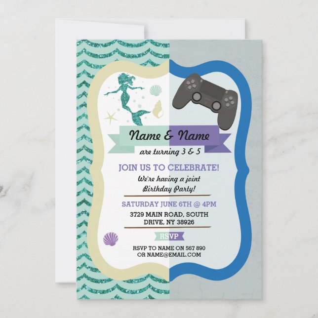 Mermaid & Gaming Joint Boy girl Birthday Invites (Front)
