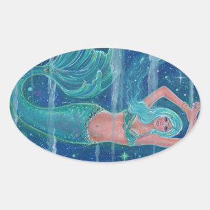 Mermaid Gemma aqua by Renee Lavoie Oval Sticker