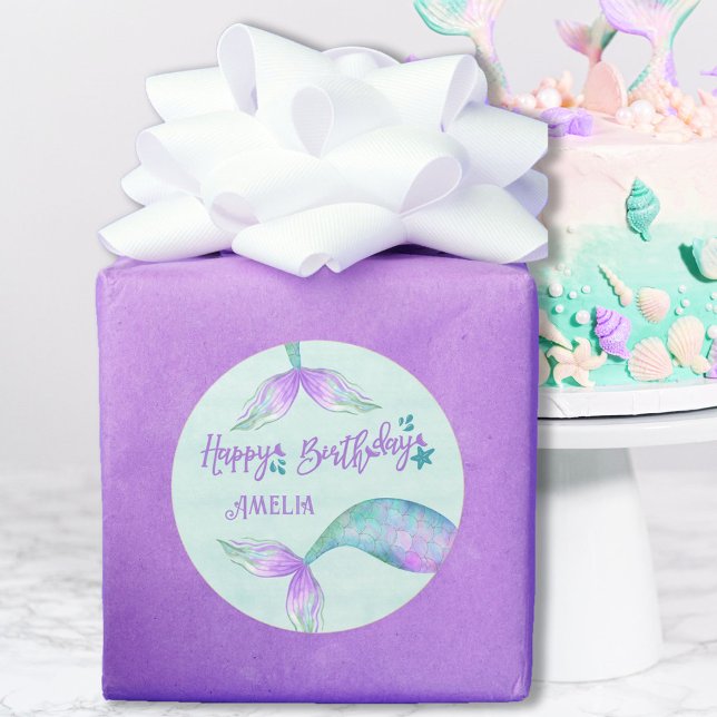 Mermaid Gift Wrap Personalised Happy Birthday Classic Round Sticker (Creator Uploaded)