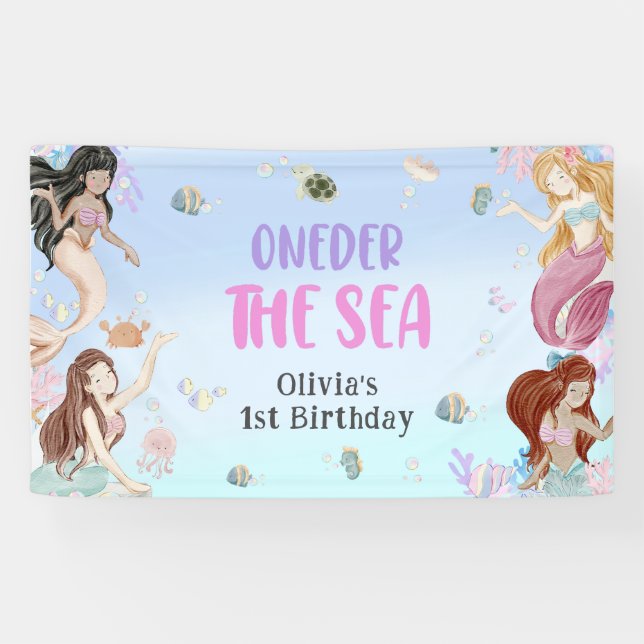 Mermaid Girl 1st Birthday Party Banner (Horizontal)