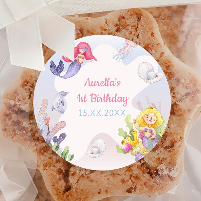 Mermaid Girl 1st Birthday Party  Classic Round Sticker (Creator Uploaded)