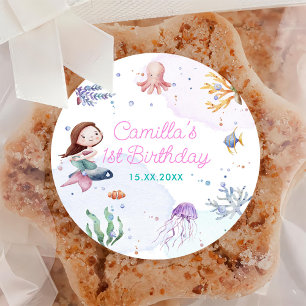 Mermaid Girl 1st Birthday Party Classic Round Sticker