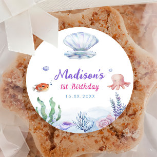 Mermaid Girl 1st Birthday Party  Classic Round Sticker