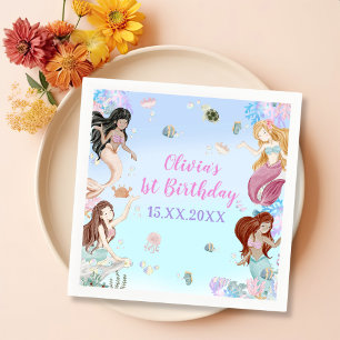 Mermaid Girl 1st Birthday Party Napkin